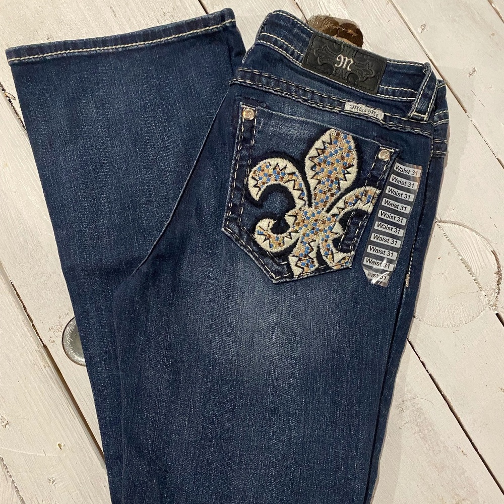 Miss Me Dark Wash Mid Rise Fleur De Lis Boot Cut Denim Size 31